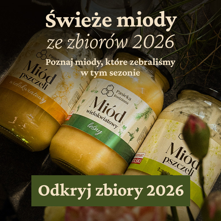 Słoiki świeżych miodów: rzepakowy, wielokwiatowy i leśny ze zbiorów 2026