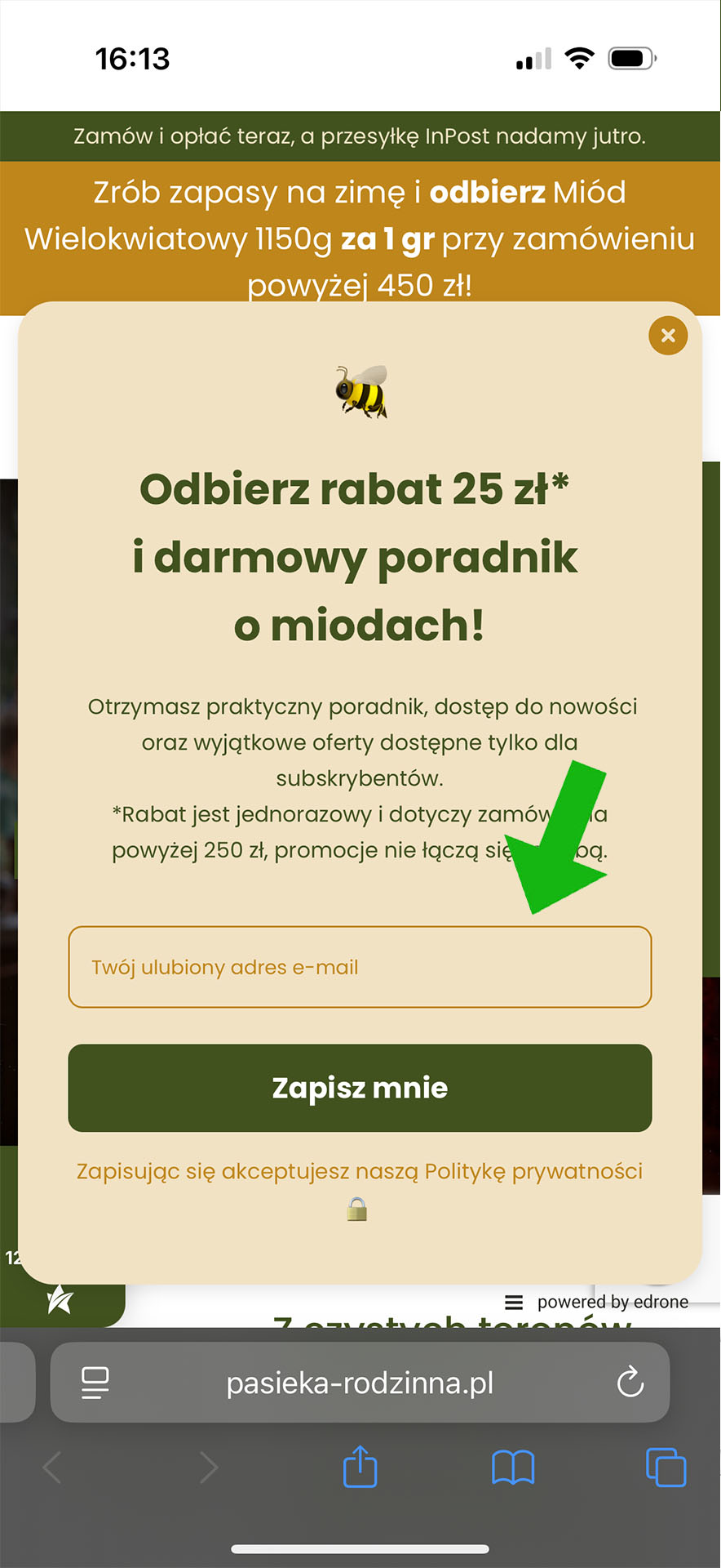 Wpisz adres e-mail i zapisz się do newslettera na telefonie - Pasieka Rodzinna
