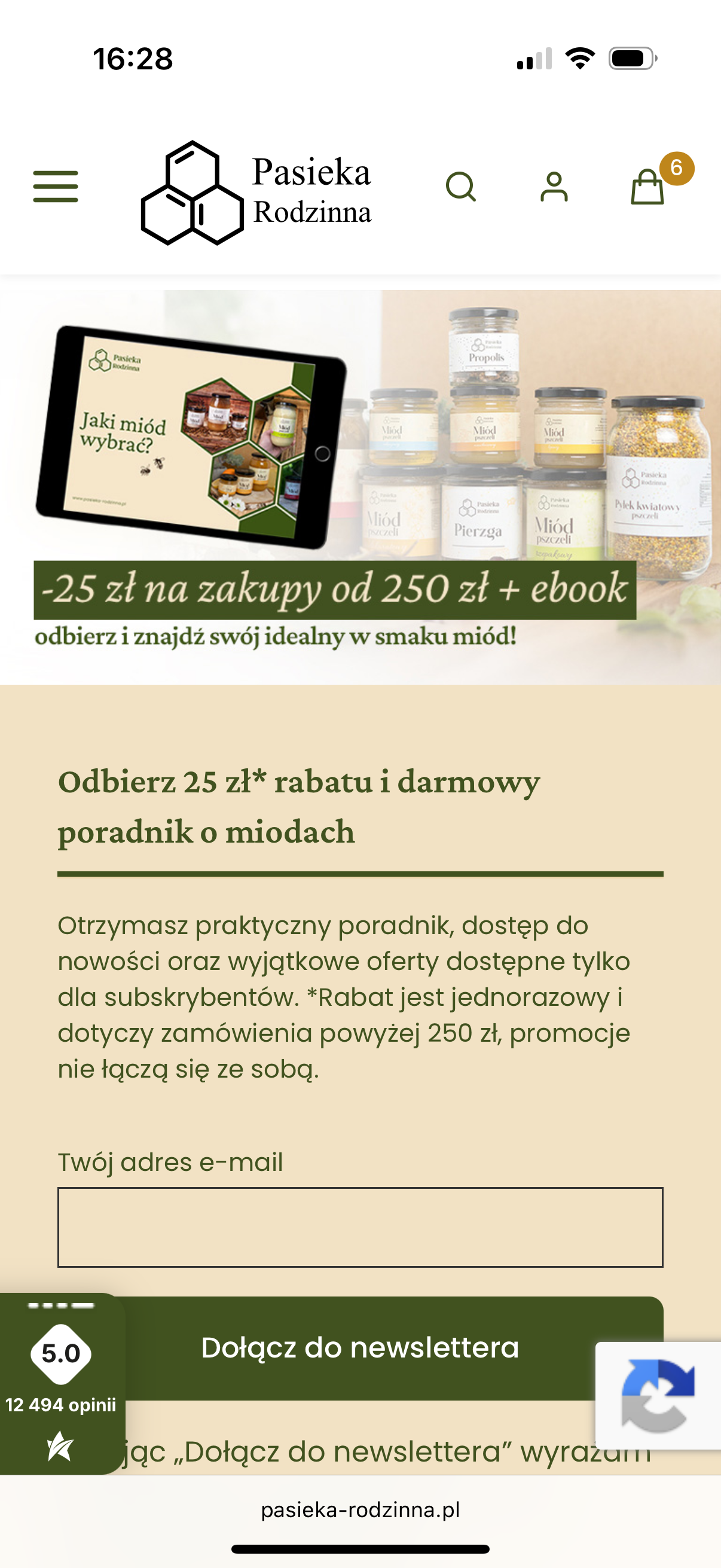 Formularz newslettera na dole strony na telefonie - Pasieka Rodzinna