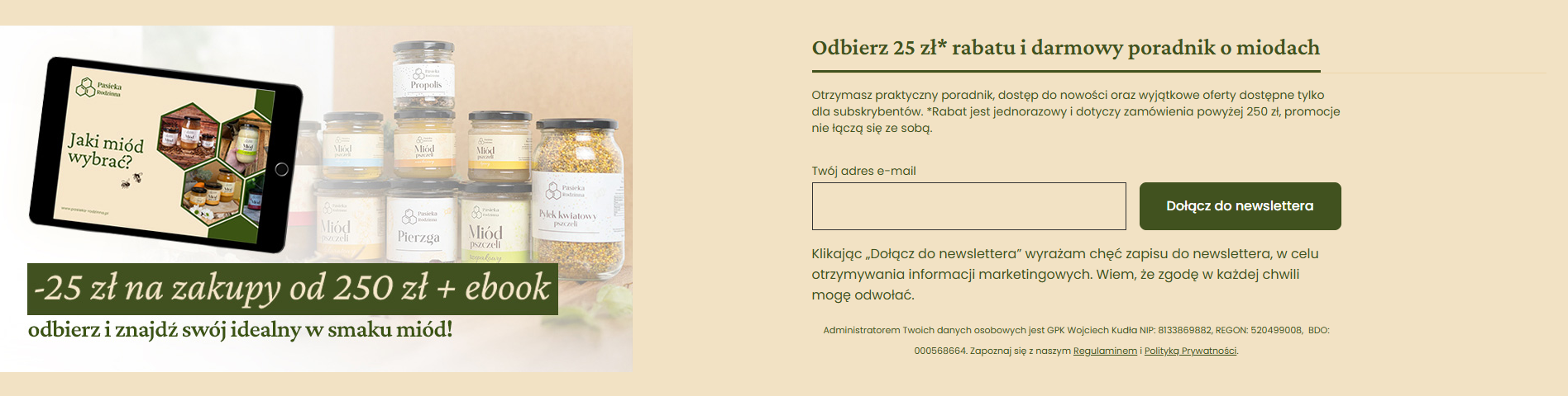 Formularz newslettera na dole strony na komputerze - Pasieka Rodzinna