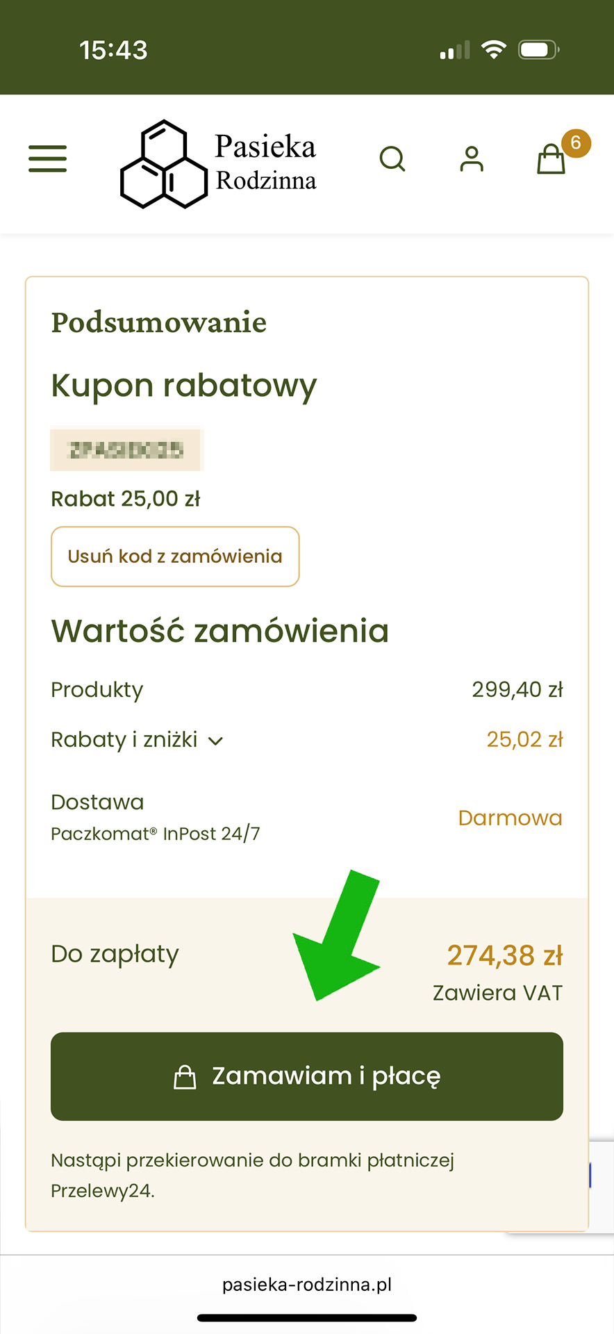 Poprawnie naliczony rabat w koszyku - Pasieka Rodzinna