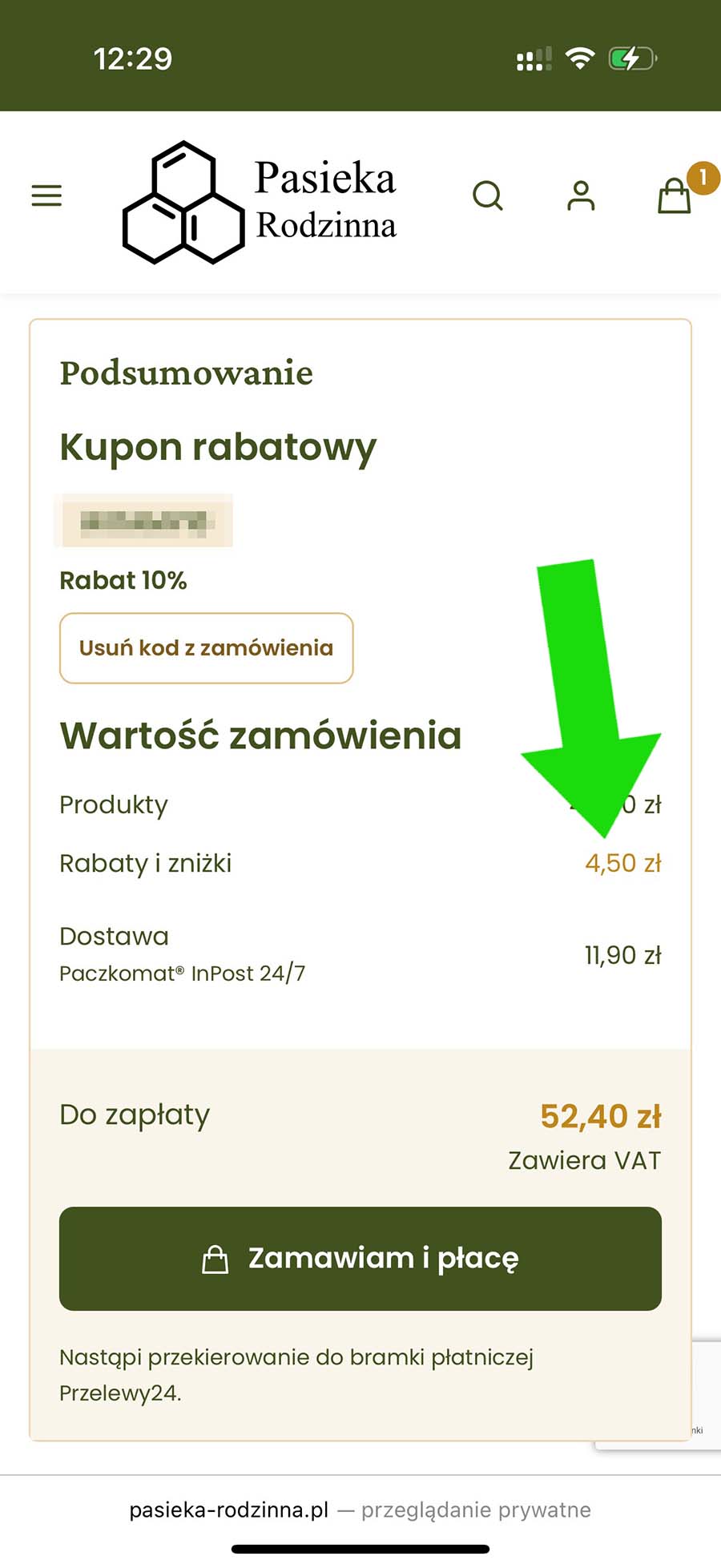Zatwierdzenie kodu rabatowego - Pasieka Rodzinna